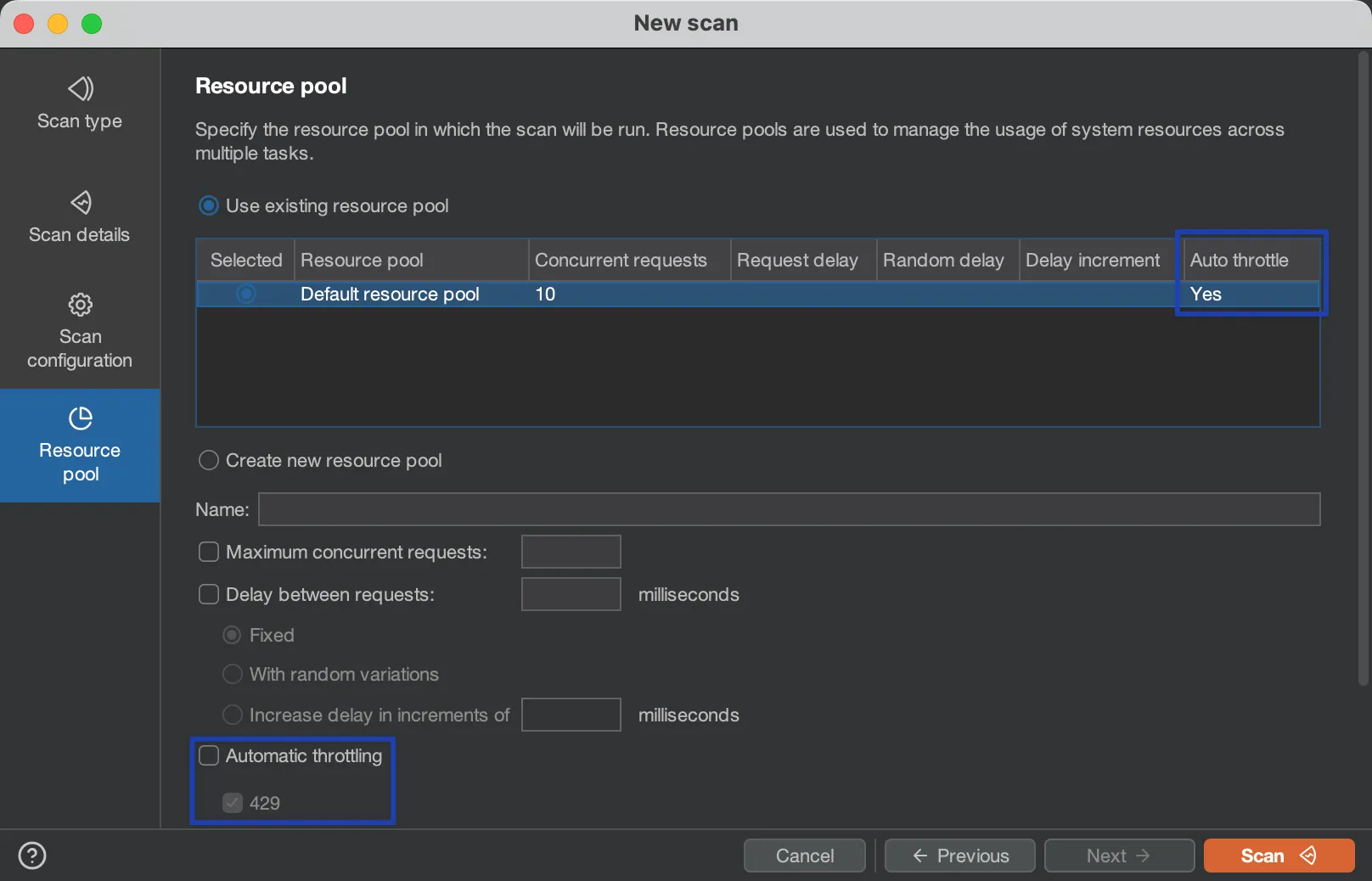 Resource pool settings